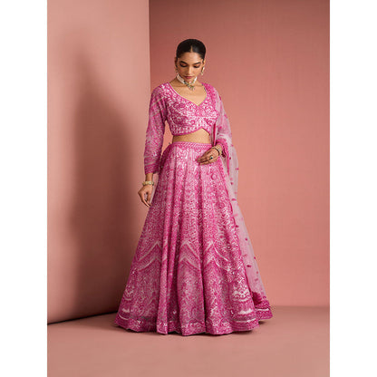 MILU MADAN Womens Net Sequined Embroidered Pink Lehenga with Stitched Blouse and Dupatta