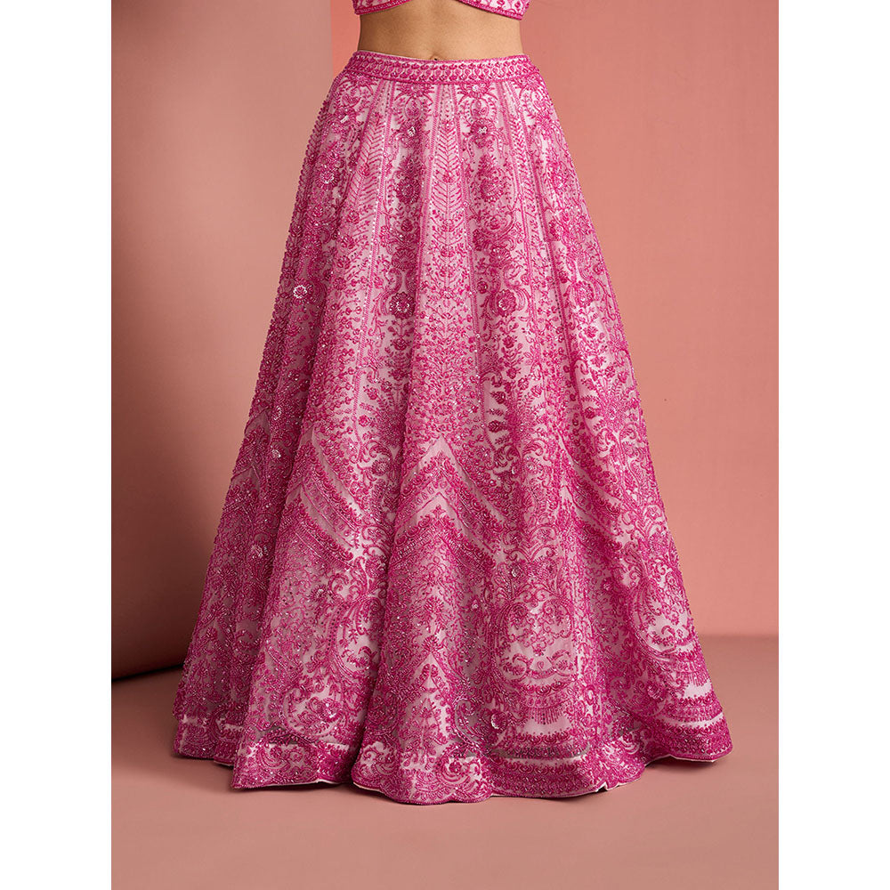 MILU MADAN Womens Net Sequined Embroidered Pink Lehenga with Stitched Blouse and Dupatta