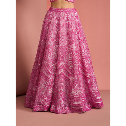 MILU MADAN Womens Net Sequined Embroidered Pink Lehenga with Stitched Blouse and Dupatta
