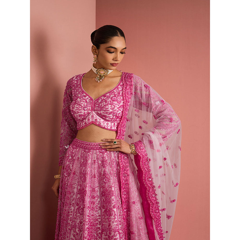 MILU MADAN Womens Net Sequined Embroidered Pink Lehenga with Stitched Blouse and Dupatta