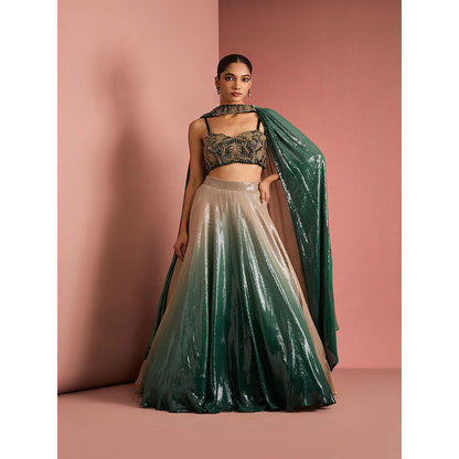MILU MADAN Womens Georgette Silk Sequined Ombre Green Lehenga with Stitched Blouse and Dupatta