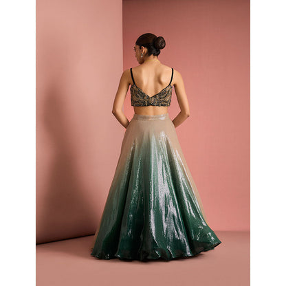 MILU MADAN Womens Georgette Silk Sequined Ombre Green Lehenga with Stitched Blouse and Dupatta