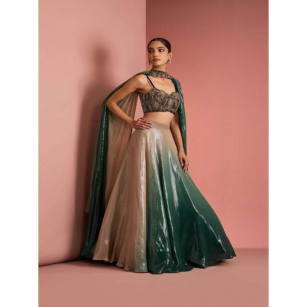 MILU MADAN Womens Georgette Silk Sequined Ombre Green Lehenga with Stitched Blouse and Dupatta