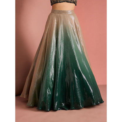 MILU MADAN Womens Georgette Silk Sequined Ombre Green Lehenga with Stitched Blouse and Dupatta