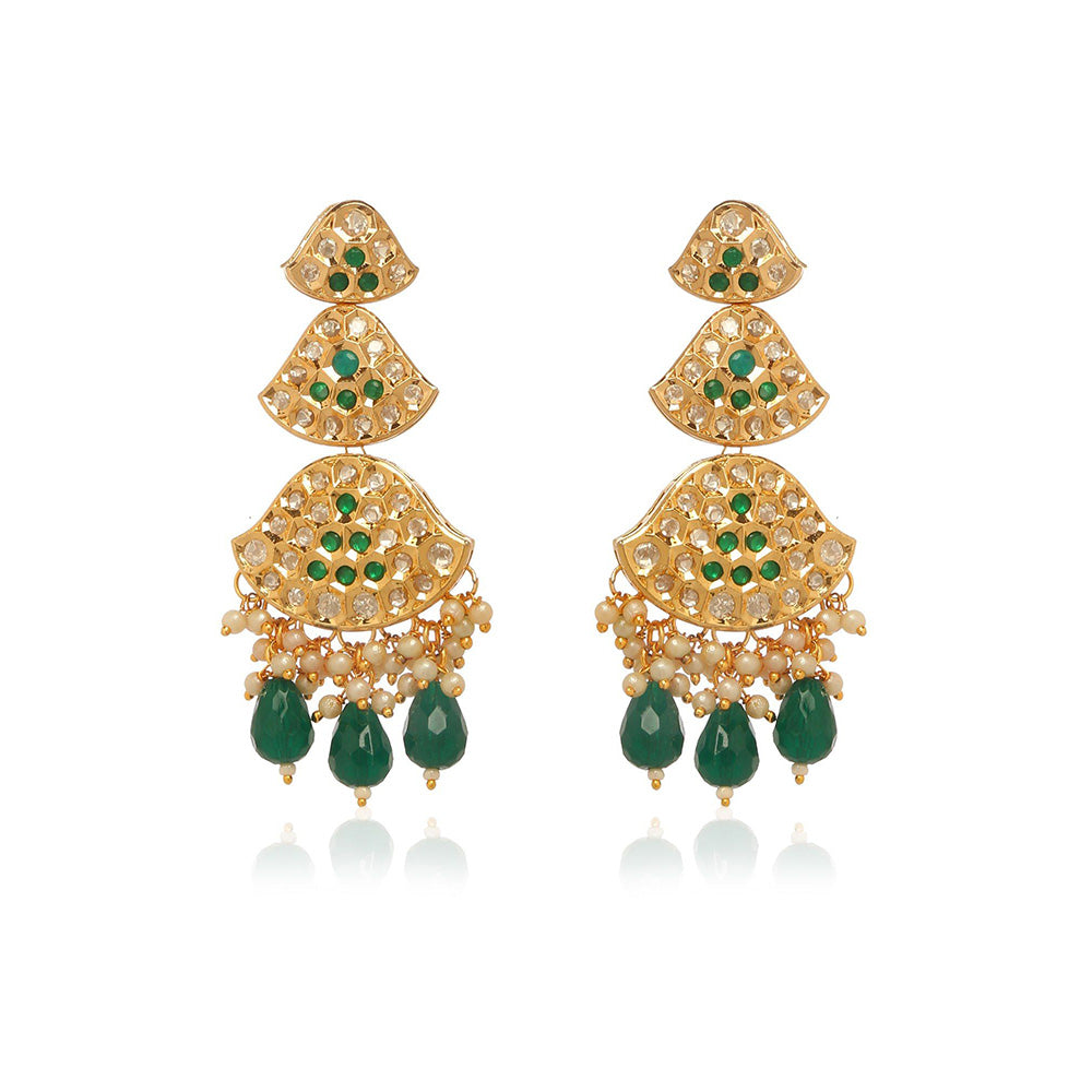 MINAKI 22K Gold Plated Earrings In Kundan-Polki Setting-Green