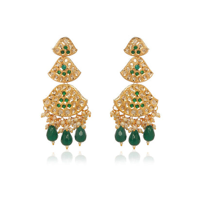 MINAKI 22K Gold Plated Earrings In Kundan-Polki Setting-Green