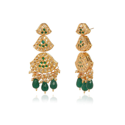 MINAKI 22K Gold Plated Earrings In Kundan-Polki Setting-Green