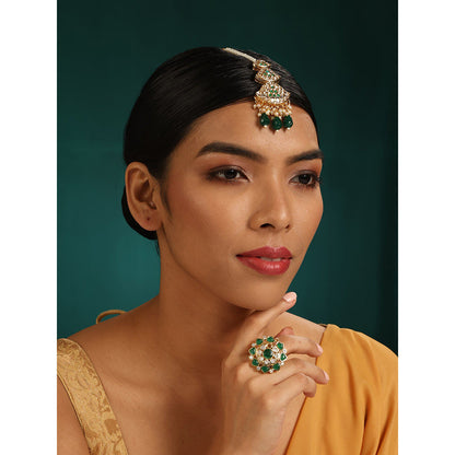 MINAKI 22K Gold Plated Maang Tikka In Kundan - Polki Setting-Green