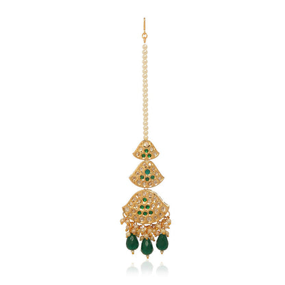 MINAKI 22K Gold Plated Maang Tikka In Kundan - Polki Setting-Green