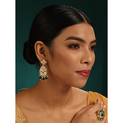 MINAKI 22K Gold Plated Earrings In Kundan-Polki Setting-Green