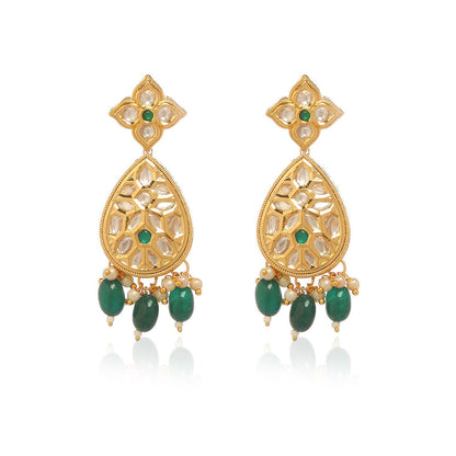 MINAKI 22K Gold Plated Earrings In Kundan-Polki Setting-Green