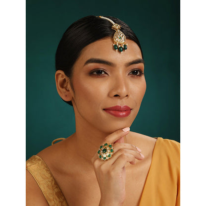 MINAKI 22K Gold Plated Maang Tikka In Kundan - Polki Setting-Green