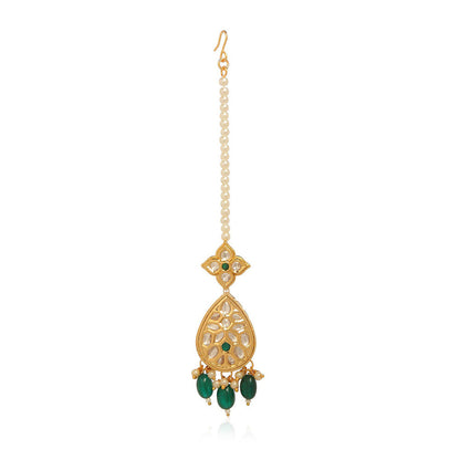 MINAKI 22K Gold Plated Maang Tikka In Kundan - Polki Setting-Green