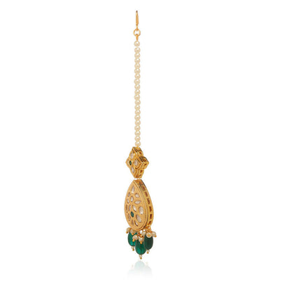 MINAKI 22K Gold Plated Maang Tikka In Kundan - Polki Setting-Green