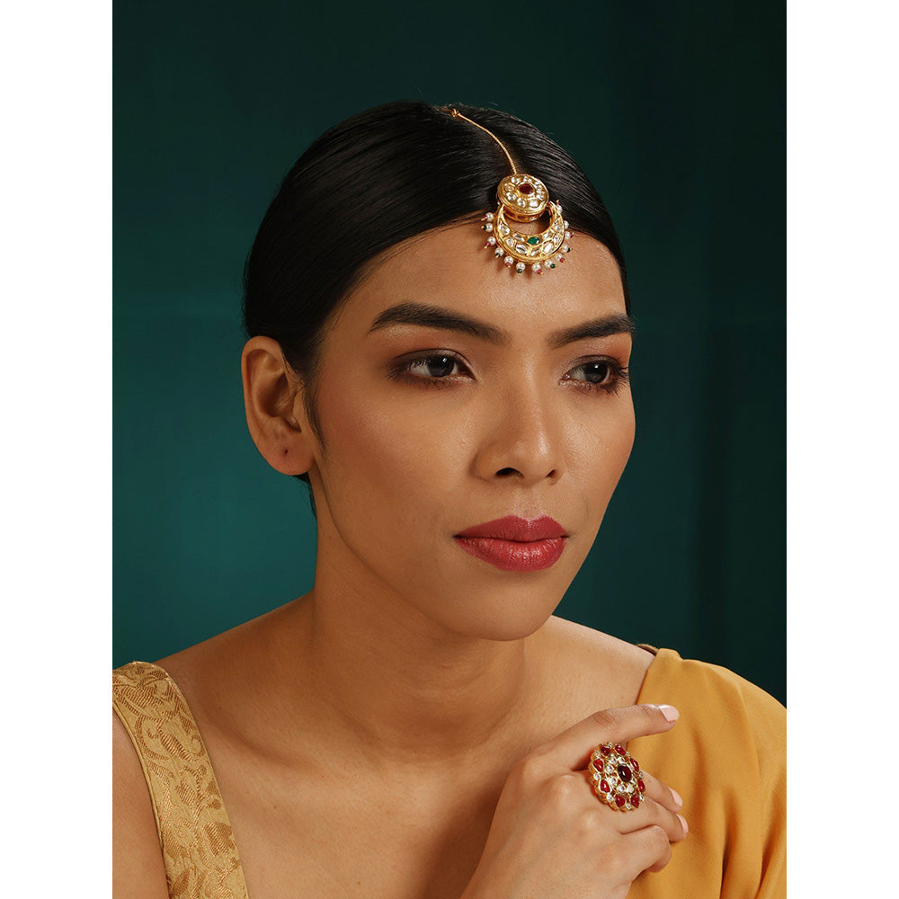 MINAKI 22K Gold Plated Maang Tikka In Kundan - Polki Setting-Multi-Color