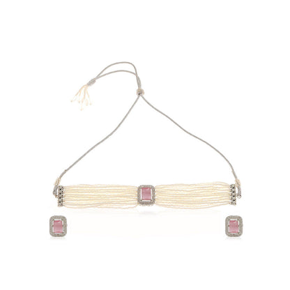 MINAKI 22K Gold Plated Necklace Set In Kundan-Polki Setting-Pink (Set of 2)