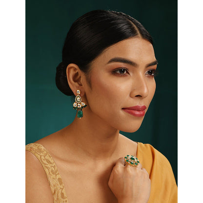 MINAKI 22K Gold Plated Earrings In Kundan-Polki Setting-Green