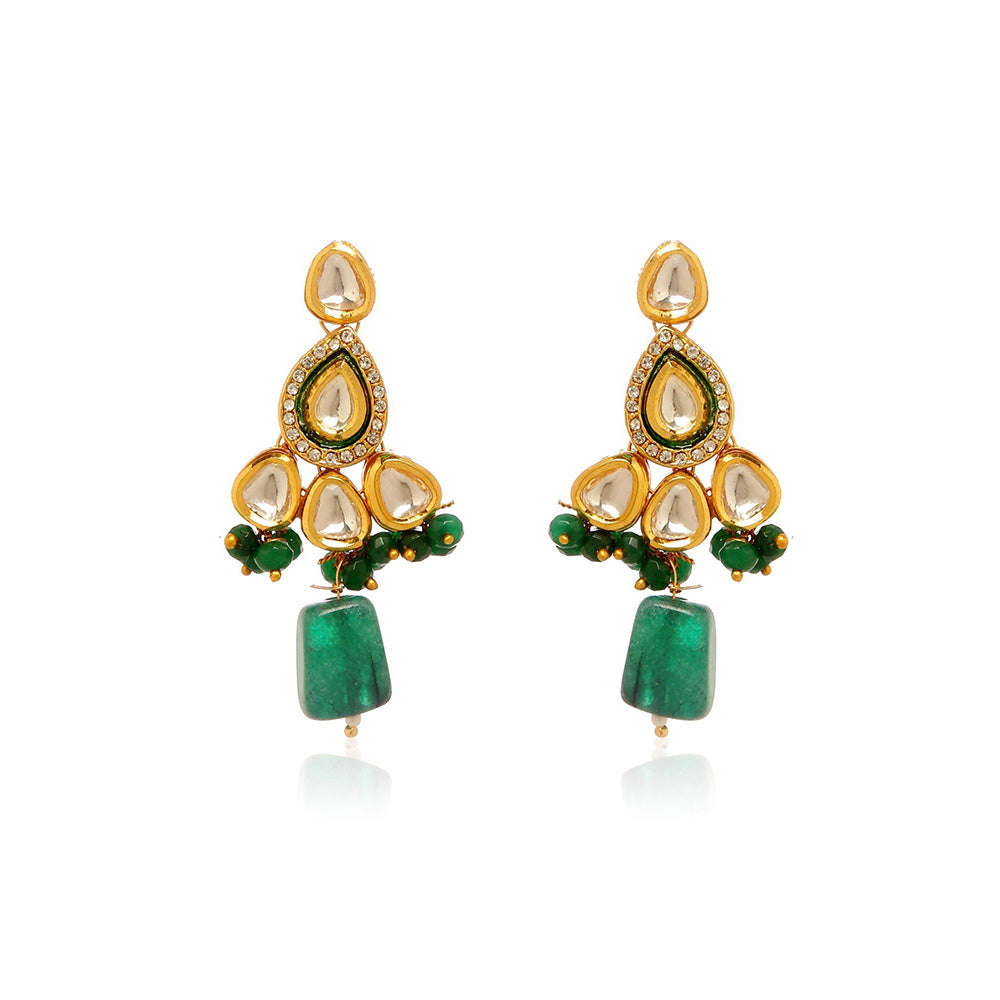 MINAKI 22K Gold Plated Earrings In Kundan-Polki Setting-Green