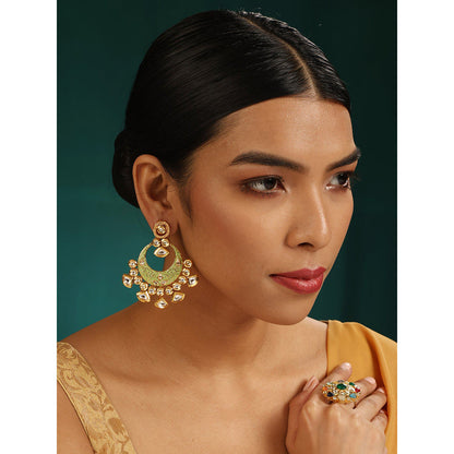 MINAKI 22K Gold Plated Earrings In Kundan-Polki Setting-Green