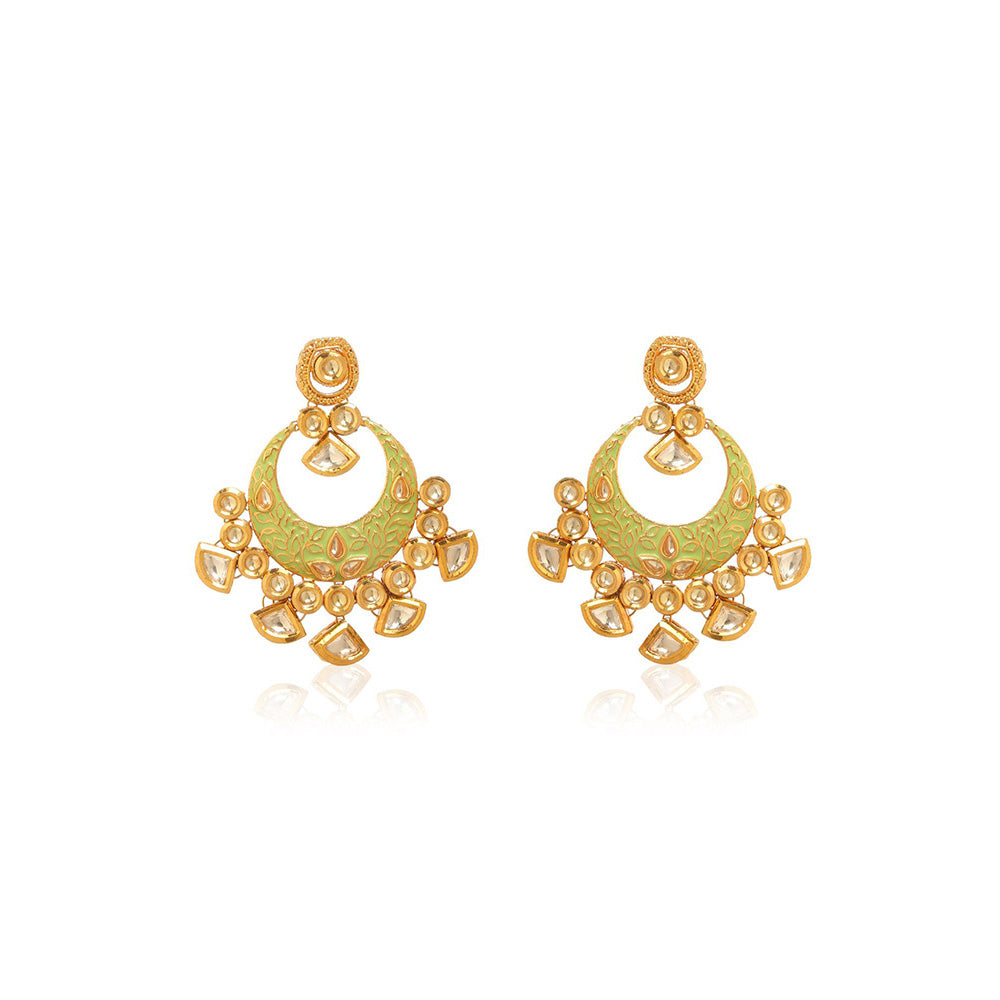 MINAKI 22K Gold Plated Earrings In Kundan-Polki Setting-Green