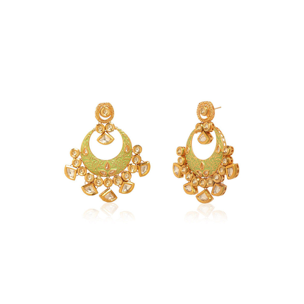 MINAKI 22K Gold Plated Earrings In Kundan-Polki Setting-Green