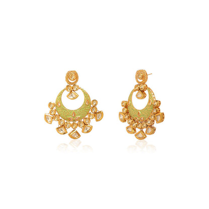 MINAKI 22K Gold Plated Earrings In Kundan-Polki Setting-Green