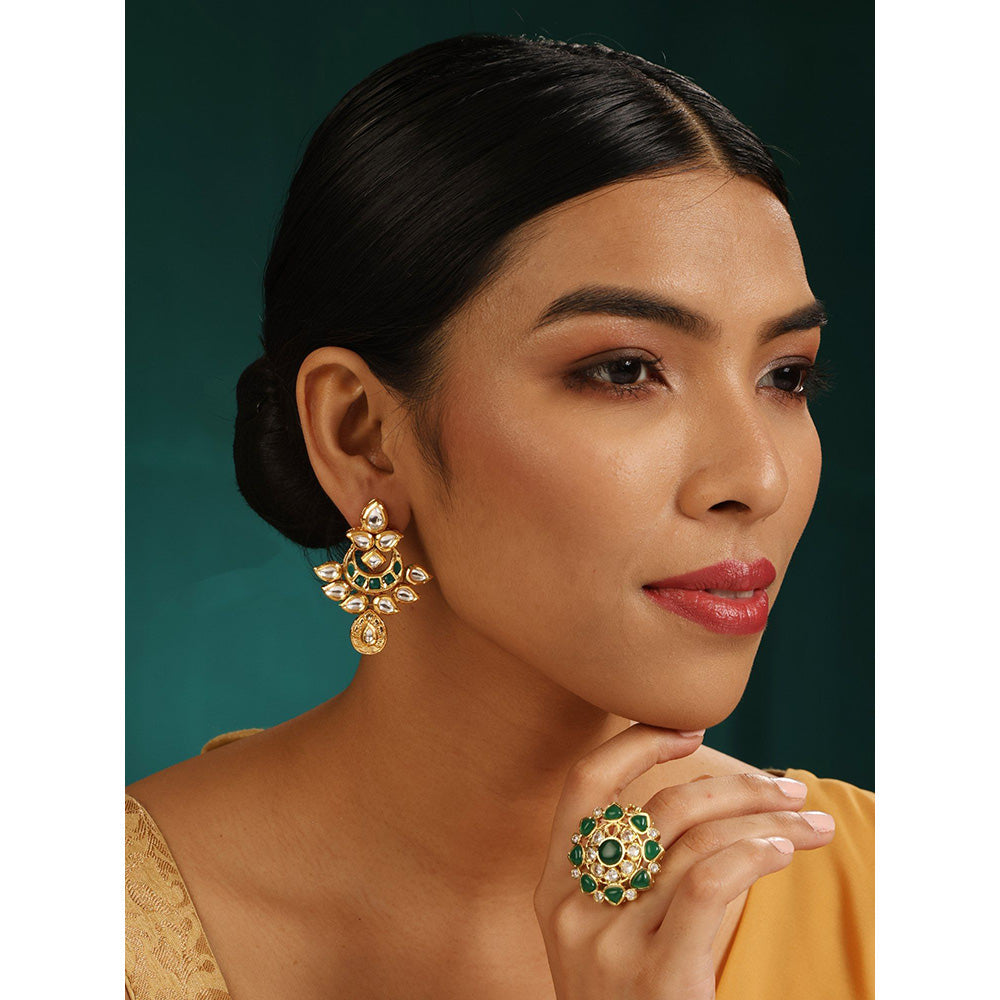 MINAKI 22K Gold Plated Earrings In Kundan-Polki Setting-Green