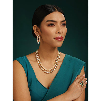 MINAKI 22K Gold Plated Necklace Set In Kundan-Polki Setting-White (Set of 2)