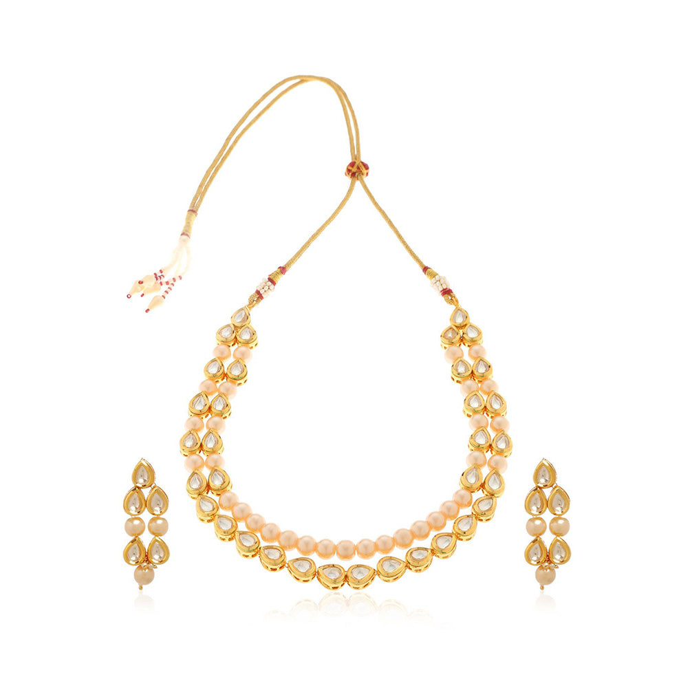 MINAKI 22K Gold Plated Necklace Set In Kundan-Polki Setting-White (Set of 2)