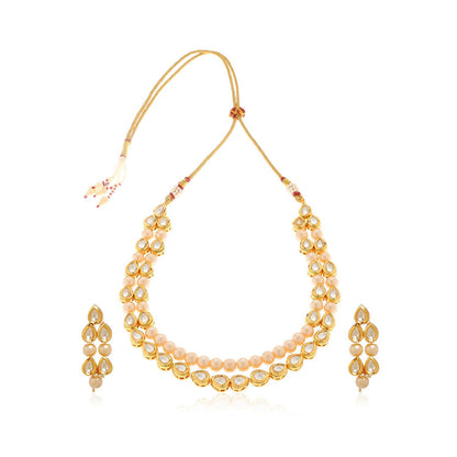 MINAKI 22K Gold Plated Necklace Set In Kundan-Polki Setting-White (Set of 2)