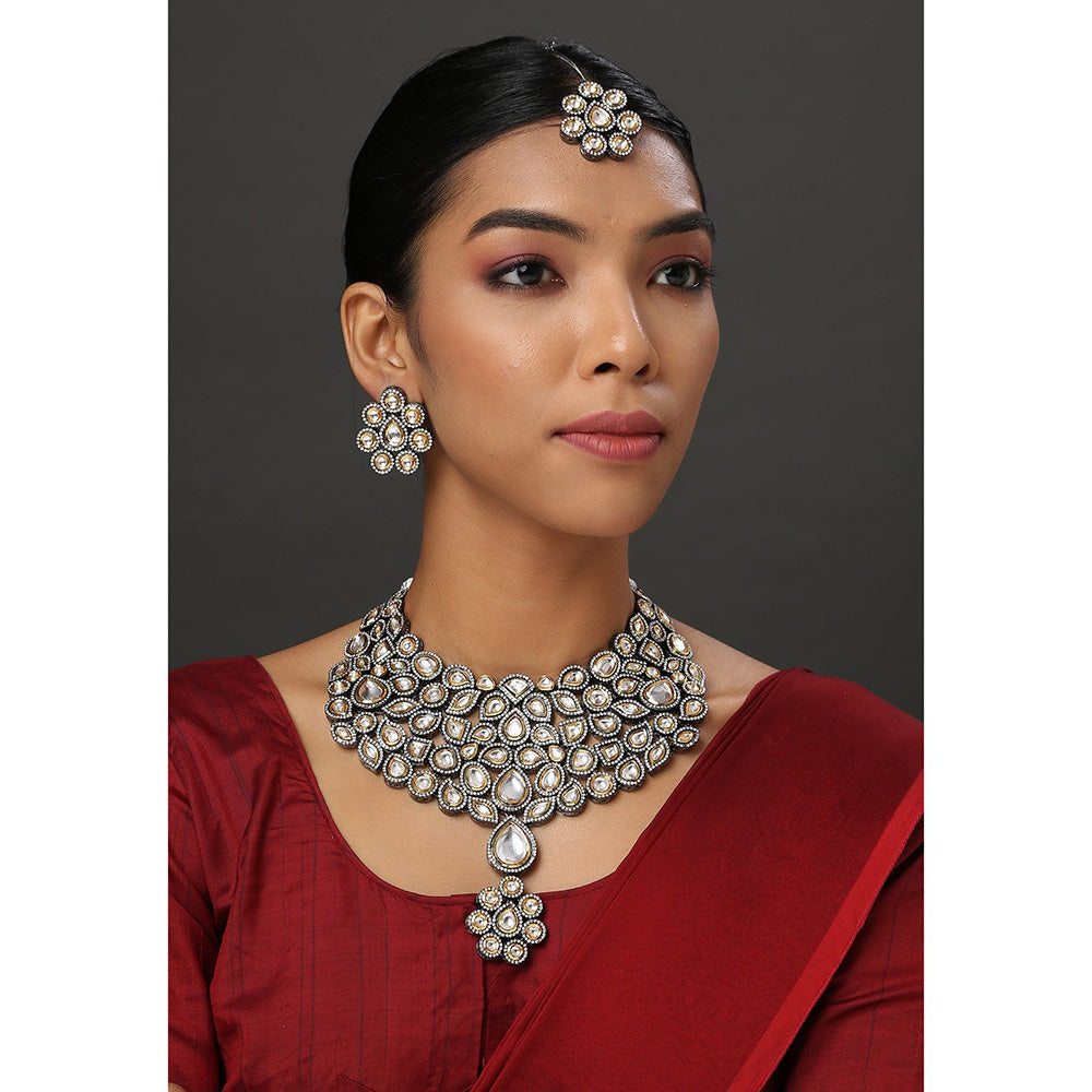 MINAKI 22K Gold Plated Necklace Set In Kundan-Polki Setting-Silver (Set of 3)