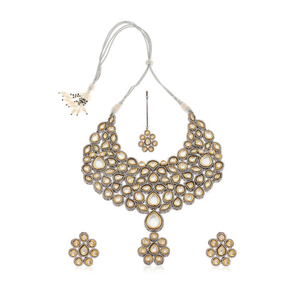 MINAKI 22K Gold Plated Necklace Set In Kundan-Polki Setting-Silver (Set of 3)