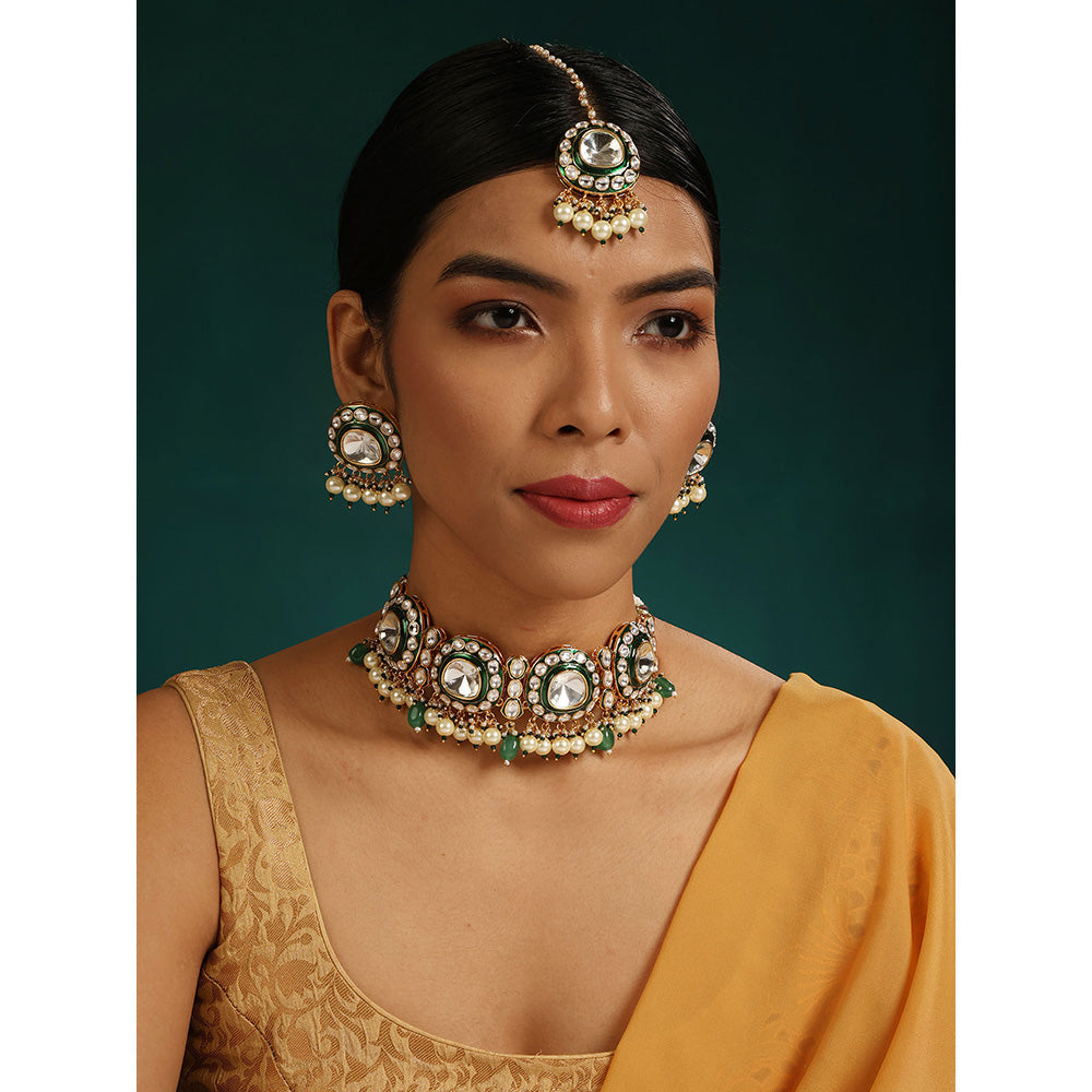 MINAKI 22K Gold Plated Choker Set Kundan Green Meenakari Beads Pearls with Earrings Maang Tikka