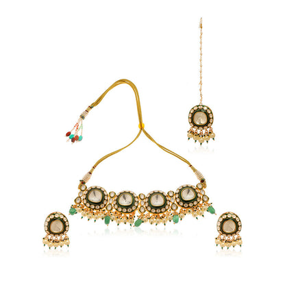MINAKI 22K Gold Plated Choker Set Kundan Green Meenakari Beads Pearls with Earrings Maang Tikka