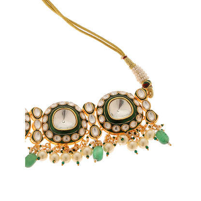 MINAKI 22K Gold Plated Choker Set Kundan Green Meenakari Beads Pearls with Earrings Maang Tikka