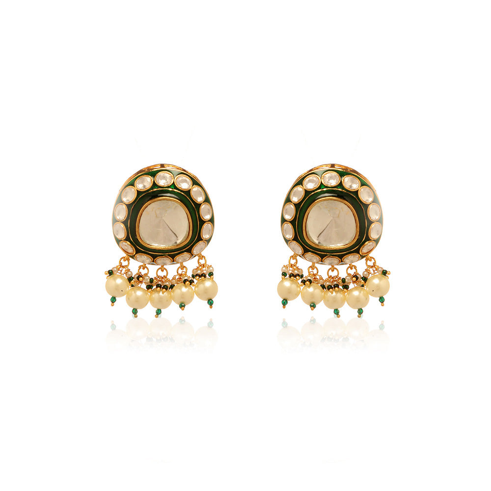 MINAKI 22K Gold Plated Choker Set Kundan Green Meenakari Beads Pearls with Earrings Maang Tikka