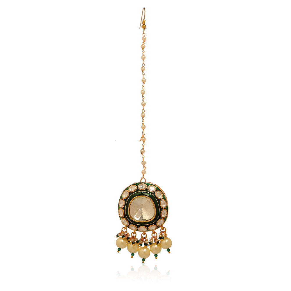 MINAKI 22K Gold Plated Choker Set Kundan Green Meenakari Beads Pearls with Earrings Maang Tikka