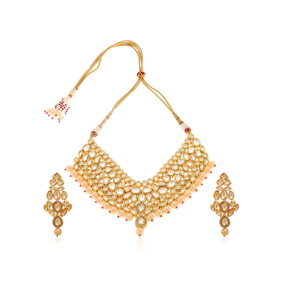 MINAKI 22K Gold Plated Necklace Set Kundan Embellished Pearls with Matching Earrings