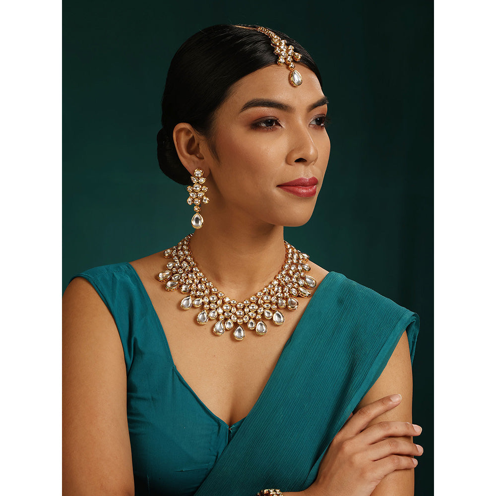 MINAKI 22K Gold Plated Necklace Set Kundan Embellished with Drops Matching Earrings and Maang Tikka