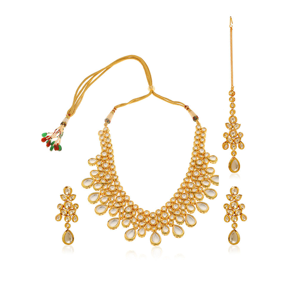 MINAKI 22K Gold Plated Necklace Set Kundan Embellished with Drops Matching Earrings and Maang Tikka