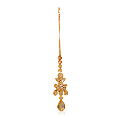 MINAKI 22K Gold Plated Necklace Set Kundan Embellished with Drops Matching Earrings and Maang Tikka