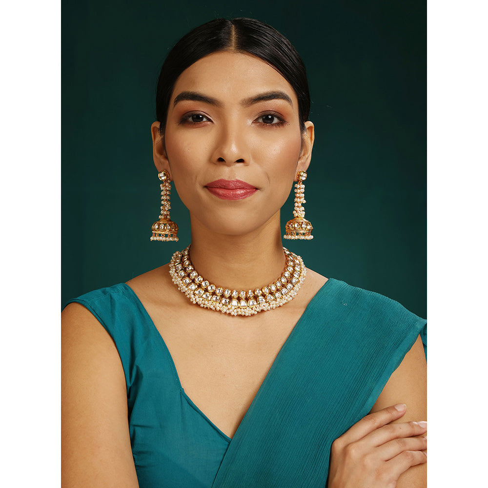 MINAKI 22K Gold Plated Necklace Set Kundan Embellished Pearls with Matching Jhumki Earrings