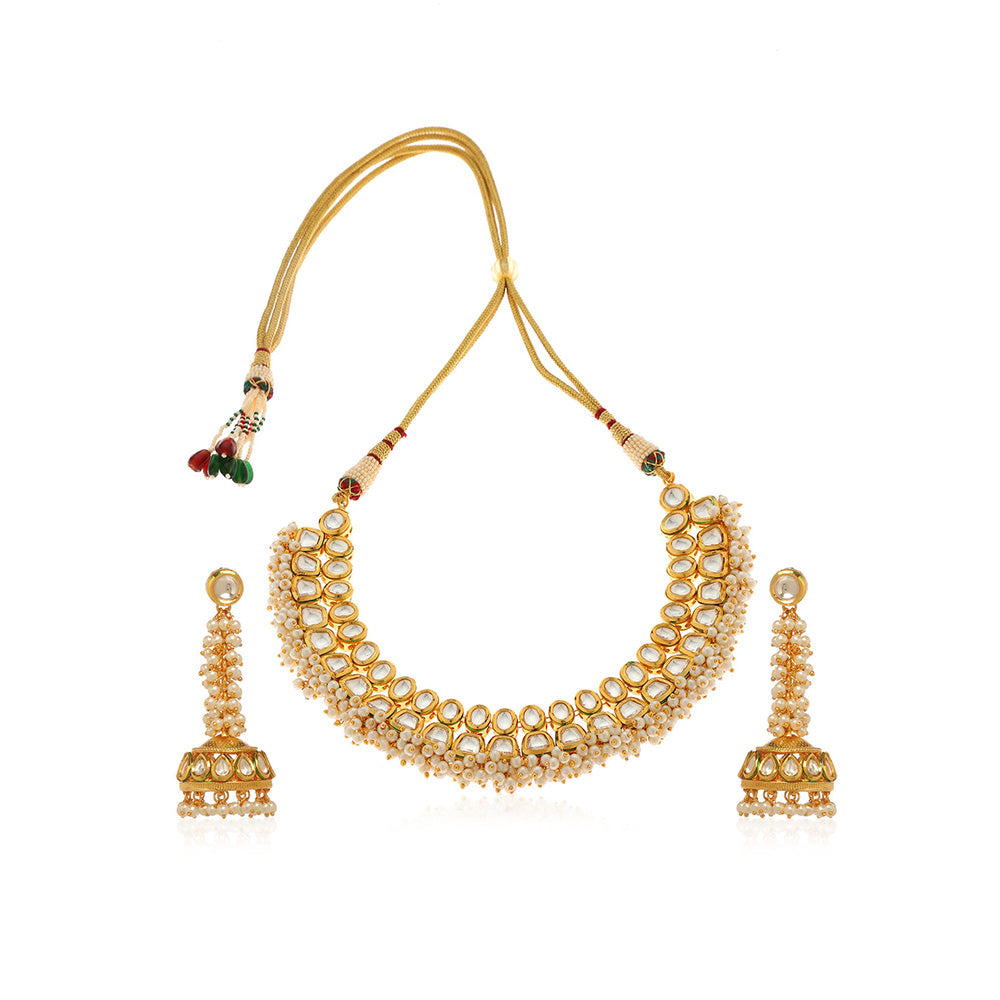 MINAKI 22K Gold Plated Necklace Set Kundan Embellished Pearls with Matching Jhumki Earrings