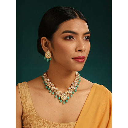 MINAKI 22K Gold Plated Necklace Set Kundan Embellished Green Color Beads with Matching Earrings