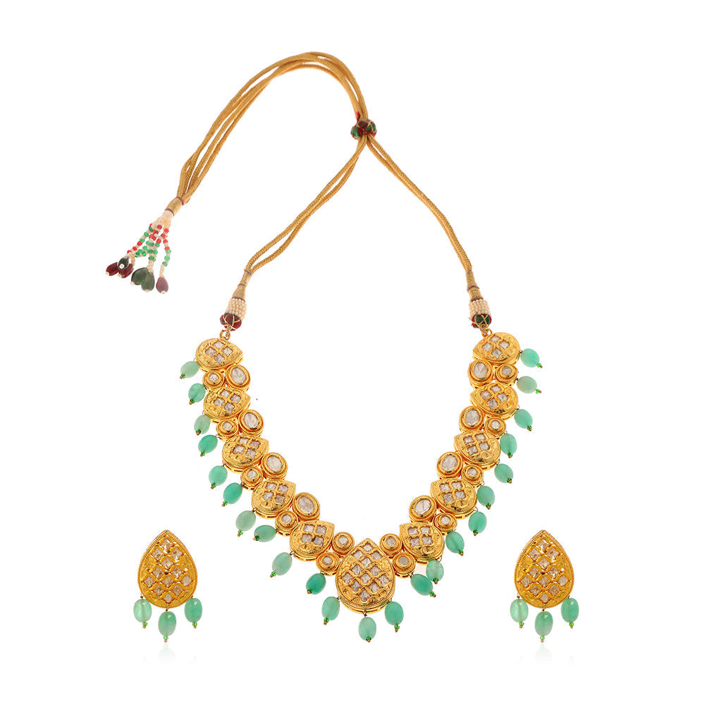 MINAKI 22K Gold Plated Necklace Set Kundan Embellished Green Color Beads with Matching Earrings