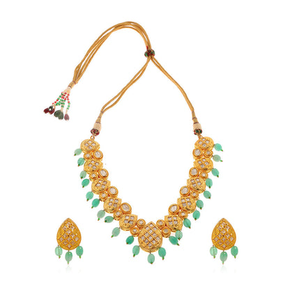 MINAKI 22K Gold Plated Necklace Set Kundan Embellished Green Color Beads with Matching Earrings