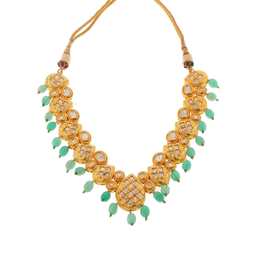 MINAKI 22K Gold Plated Necklace Set Kundan Embellished Green Color Beads with Matching Earrings