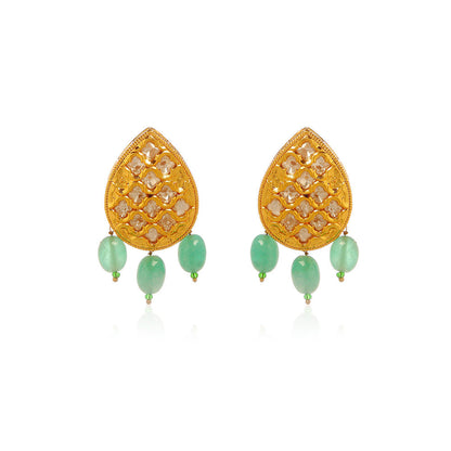 MINAKI 22K Gold Plated Necklace Set Kundan Embellished Green Color Beads with Matching Earrings