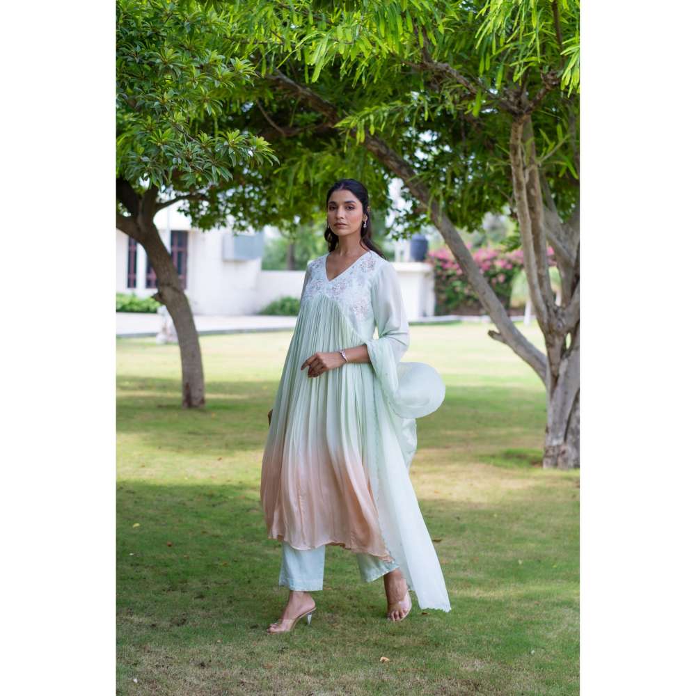 MINSH Amber Ombre Green Anarkali Kurta With Pant And Dupatta (Set of 3)