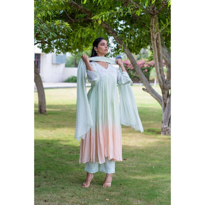 MINSH Amber Ombre Green Anarkali Kurta With Pant And Dupatta (Set of 3)